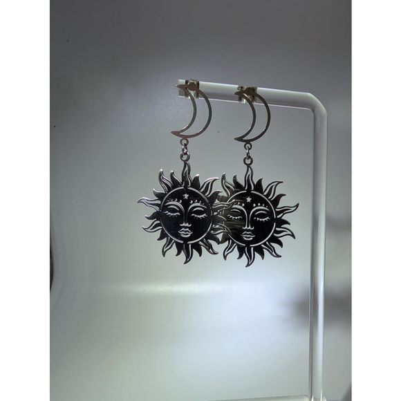 Celestial Sun and Moon Earrings, Stainless Steel Dangle Stud Earrings - Picture 8 of 15